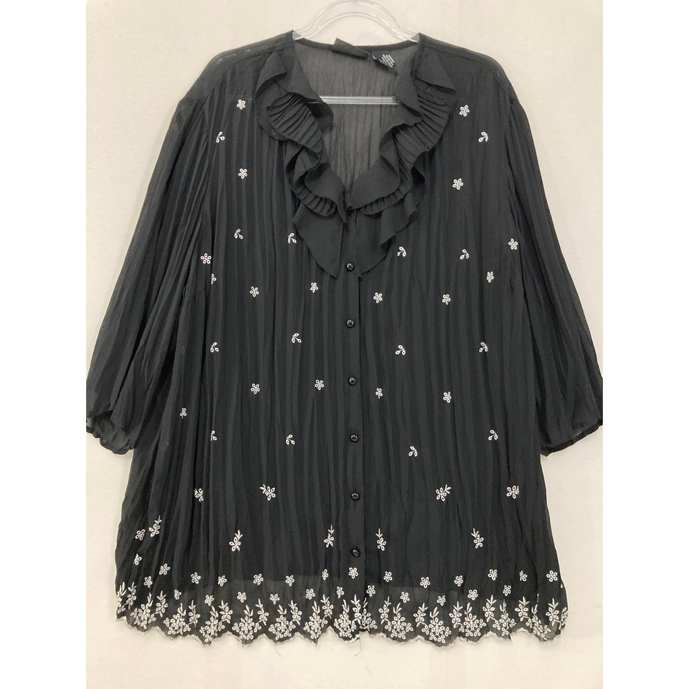Maggie Barnes Blouse 1X Black Embroidered Ruffle Pleated Button Down Feminine